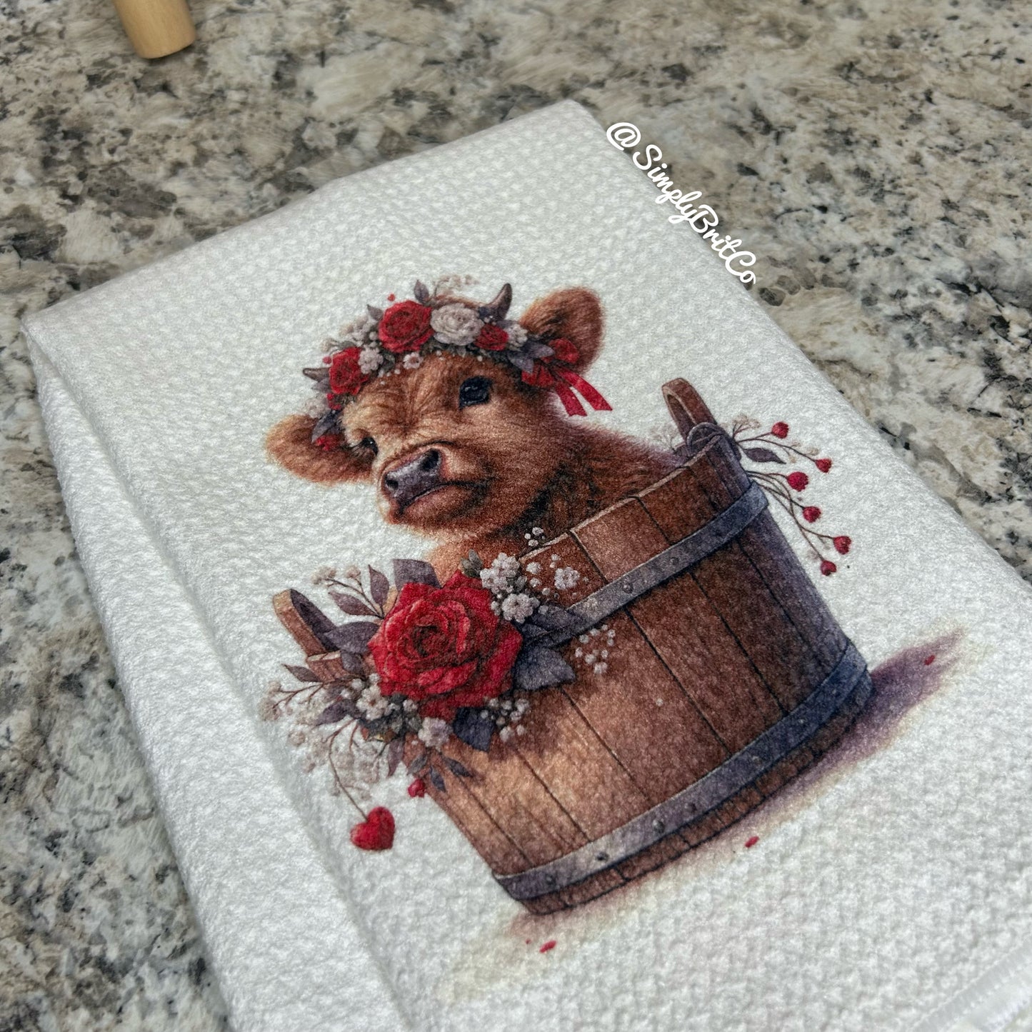 Red Highland Cow Floral Barrel Kitchen Towel
