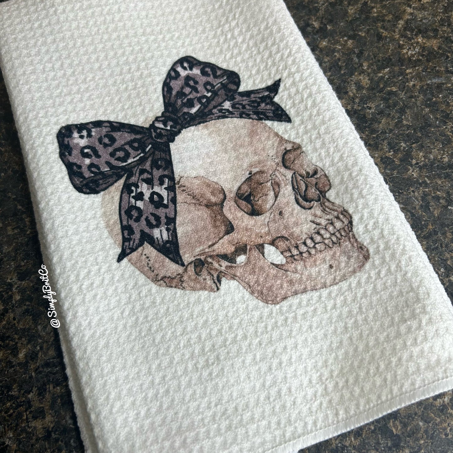 Skull with Cheetah Bow Kitchen Towel - Halloween