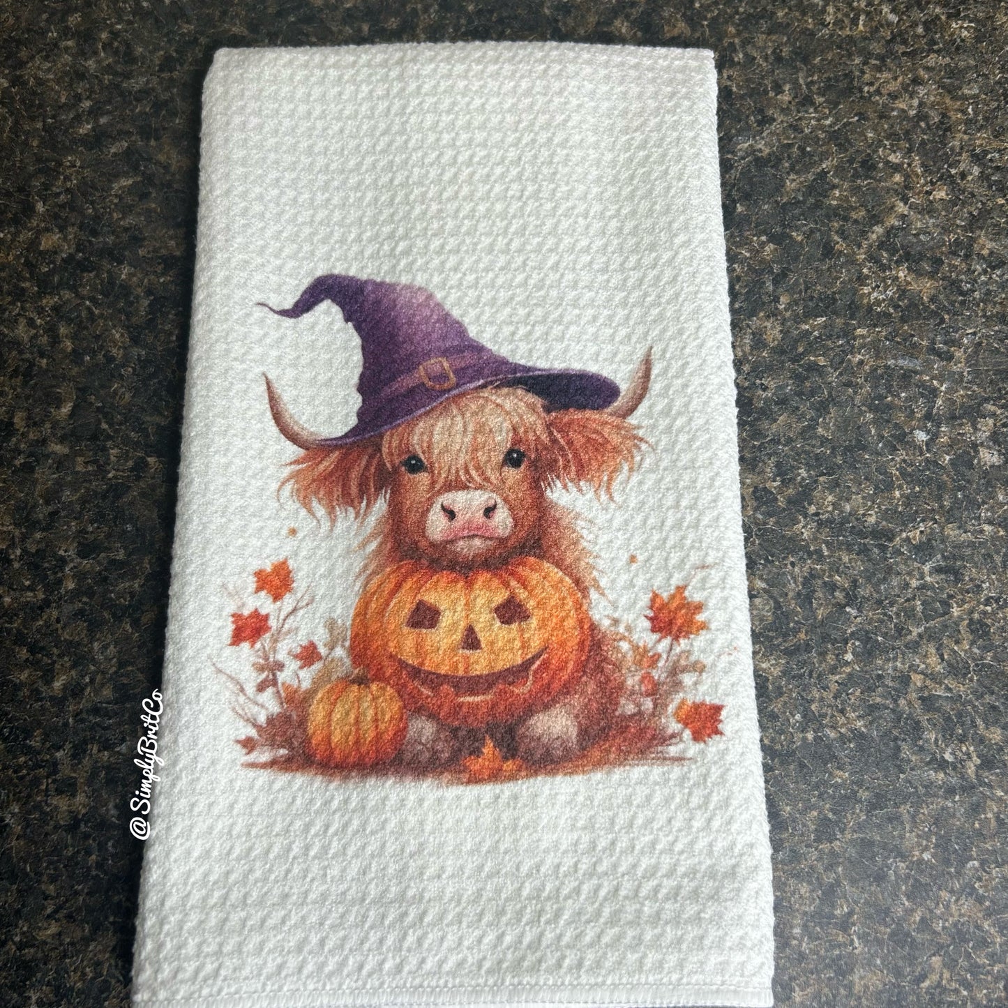 Purple Witch Highland Cow with Pumpkin Kitchen Towel - Halloween
