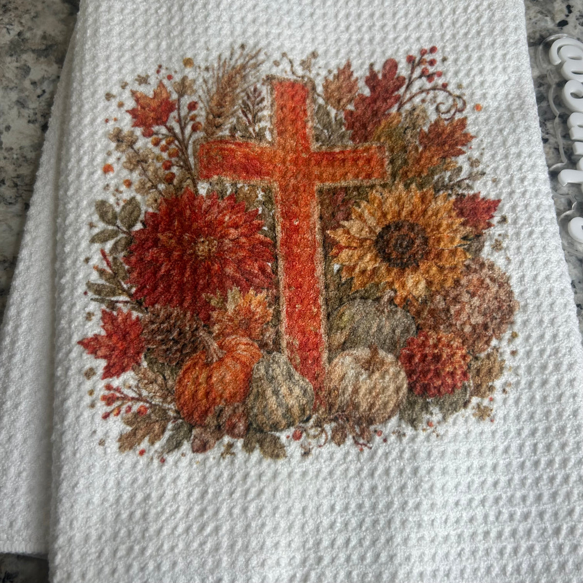 Cross Surrounded by Leaves  and Floral Fall  Kitchen Towel