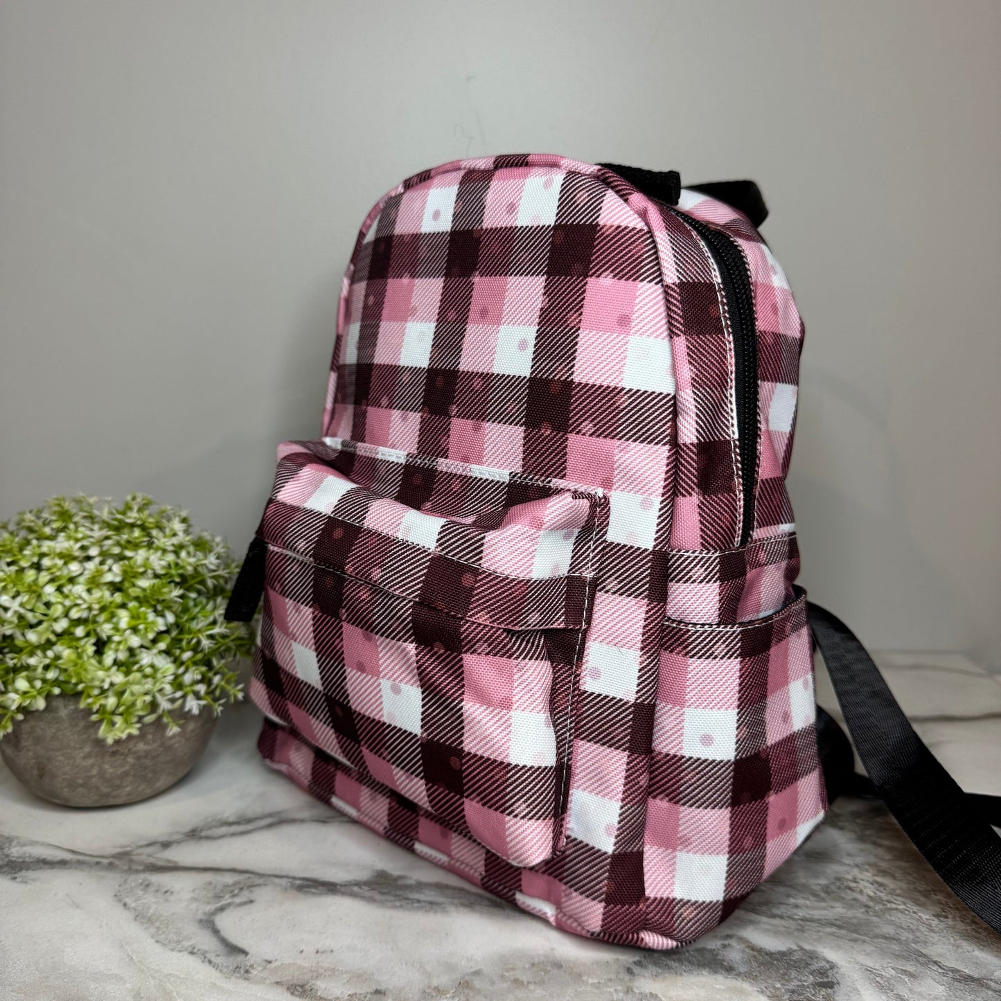 Mini Backpack - Pink Polka Dot Plaid