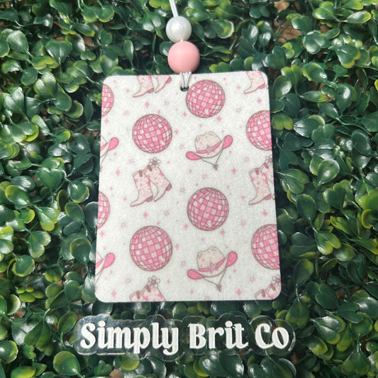 Pink Girly Western Hat Boots Disco Ball Freshie
