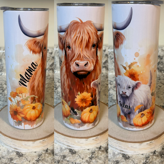 Personalized Mama Highland Cow with Baby Cow 20oz Tumbler | Pumpkin | Fall Mama