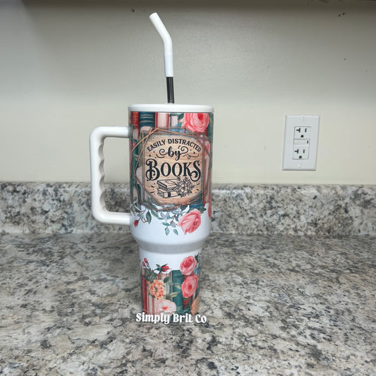 Glossy Distracted By Books 40oz Tumbler | Floral Book Lover