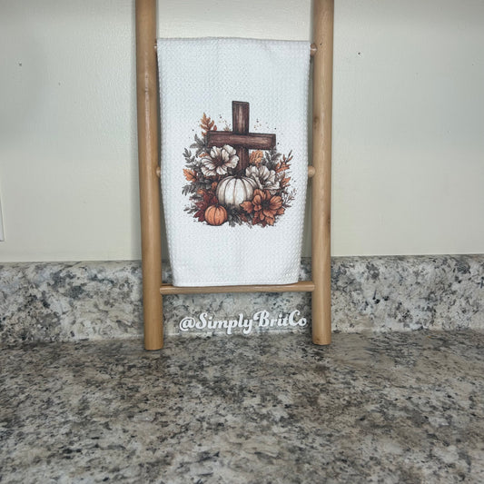 Pumpkin and Floral with a Cross Kitchen Towel | Fall