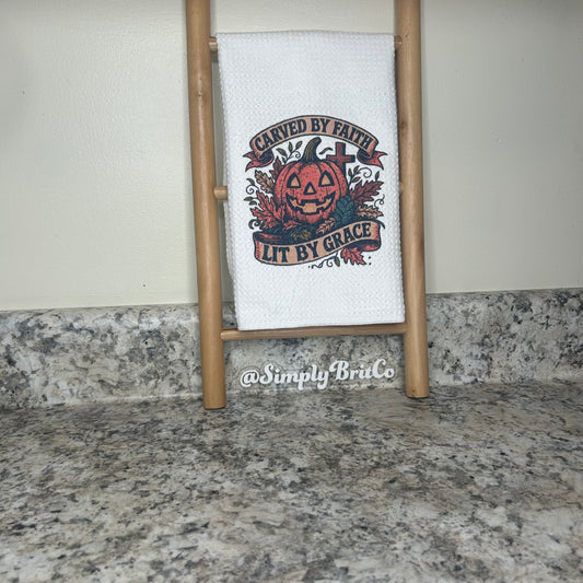 Carved by Faith, Lit by Grace Pumpkin Kitchen Towel | Fall