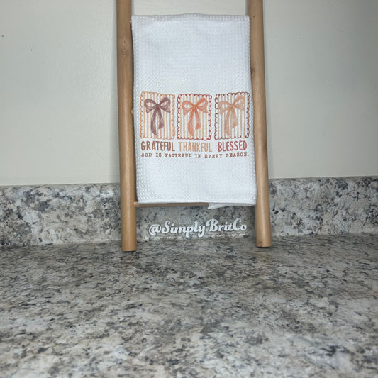 Bows Grateful Thankful Blessed Kitchen Towel | Fall Religious