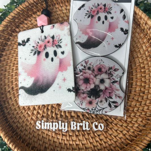 Pink Ghost and Floral Freshie and Car Coaster | Halloween