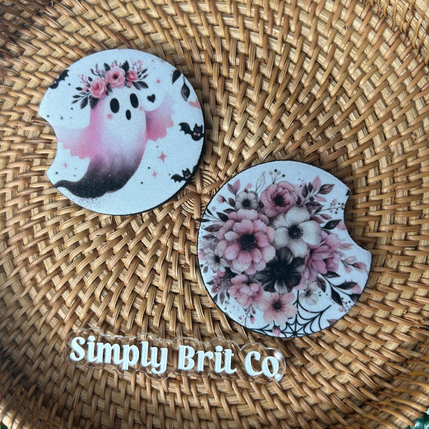 Pink Ghost and Floral Freshie and Car Coaster | Halloween