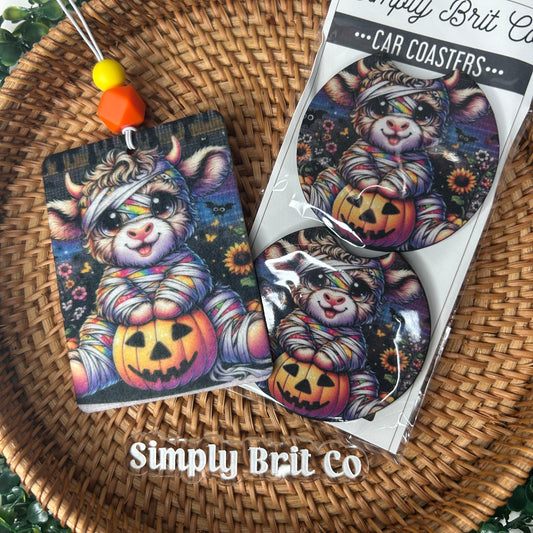 Highland Cow Mummy Freshie and Car Coaster | Halloween