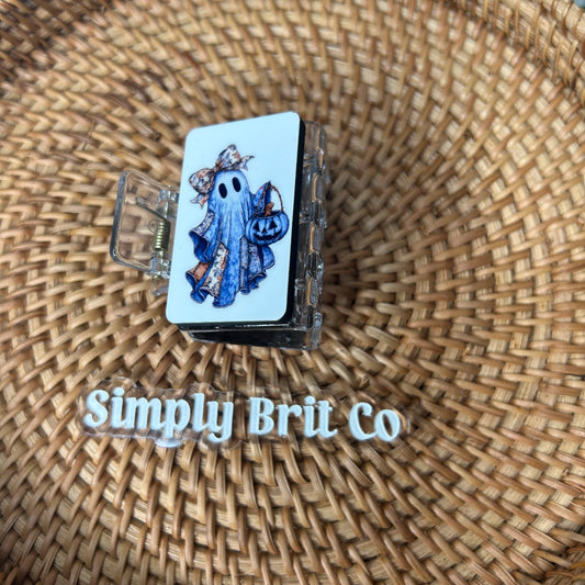 Quilt Blue Ghost Small Claw Clip | Halloween
