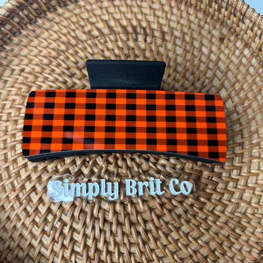 Orange and Black Plaid Large Claw Clip | Halloween