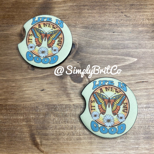 Life is Good Set of 2 Car Coaster | Butterfly