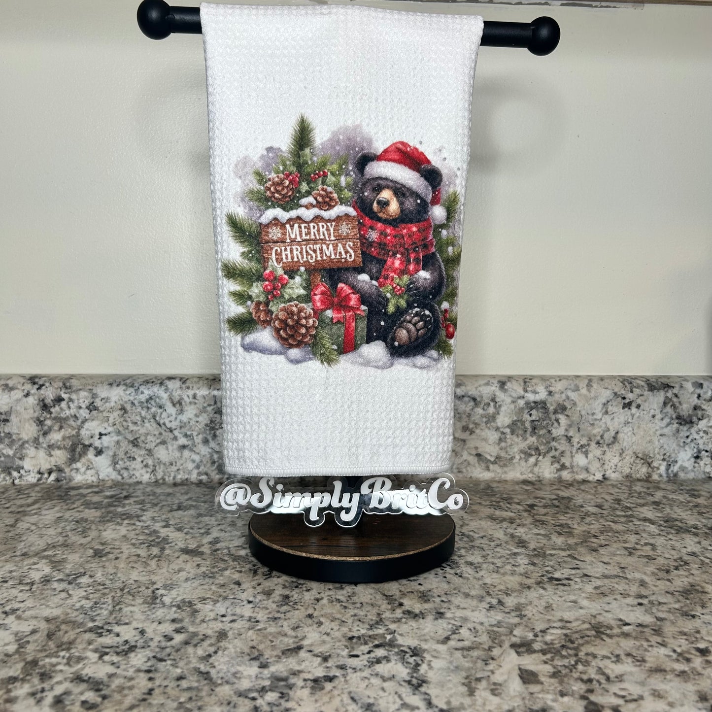 Standing Black Bear Merry Christmas Kitchen Towel