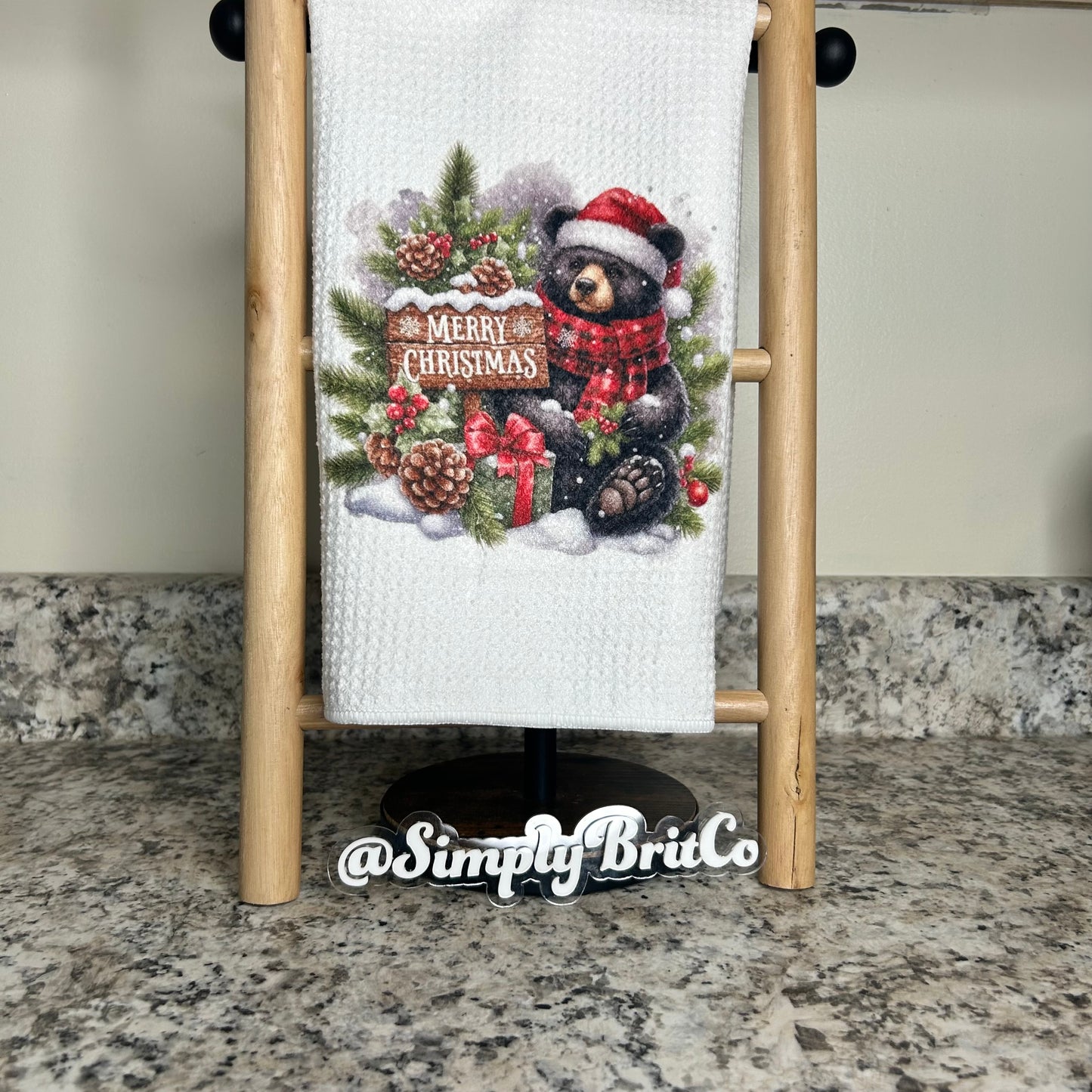 Standing Black Bear Merry Christmas Kitchen Towel