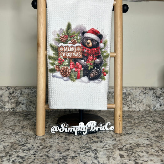 Black Bear Merry Christmas Kitchen Towel