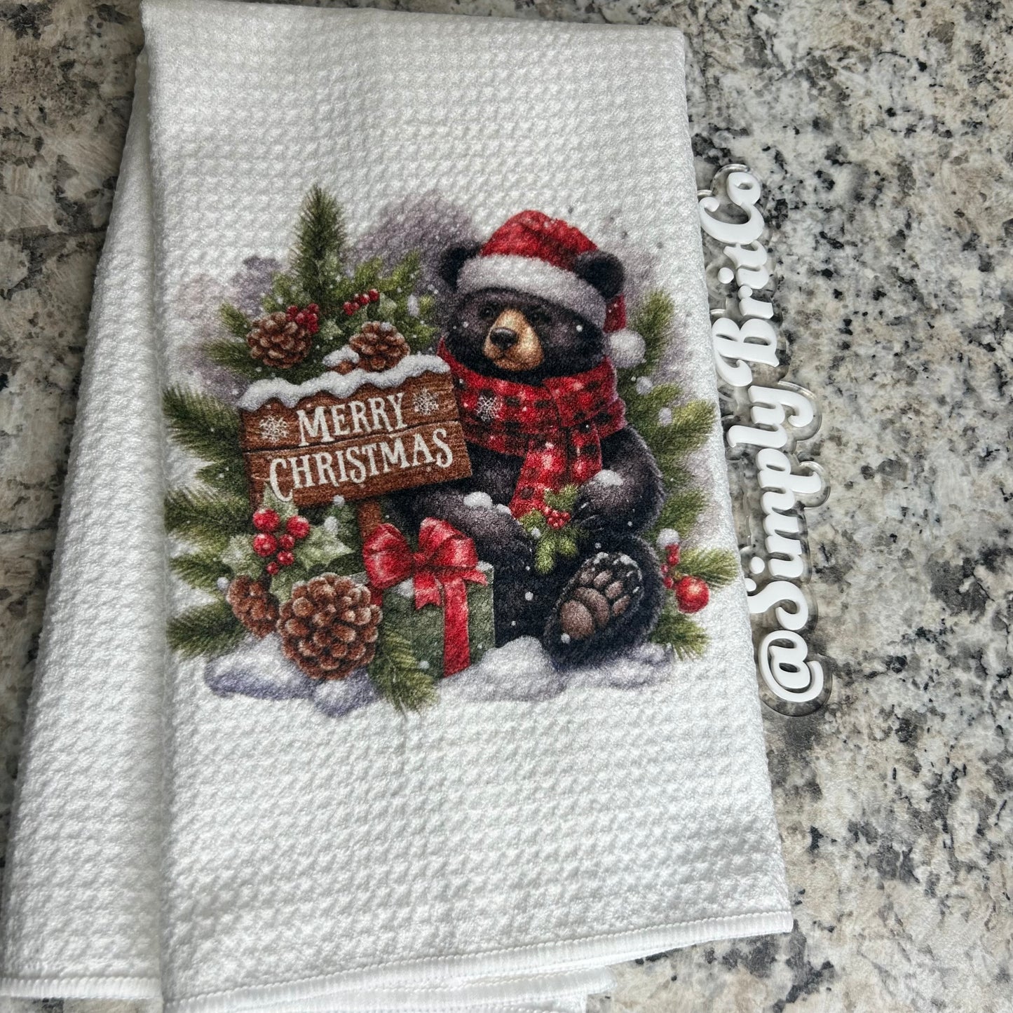 Standing Black Bear Merry Christmas Kitchen Towel