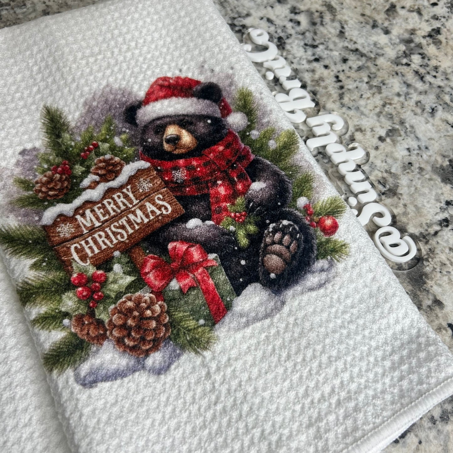 Standing Black Bear Merry Christmas Kitchen Towel