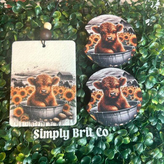 Sunflower Highland Cow Freshie and Car Coaster