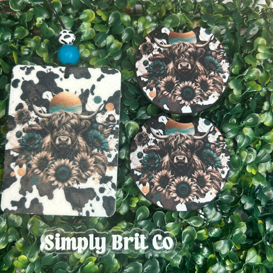 Cow Print Highland Cow Freshie and Car Coaster