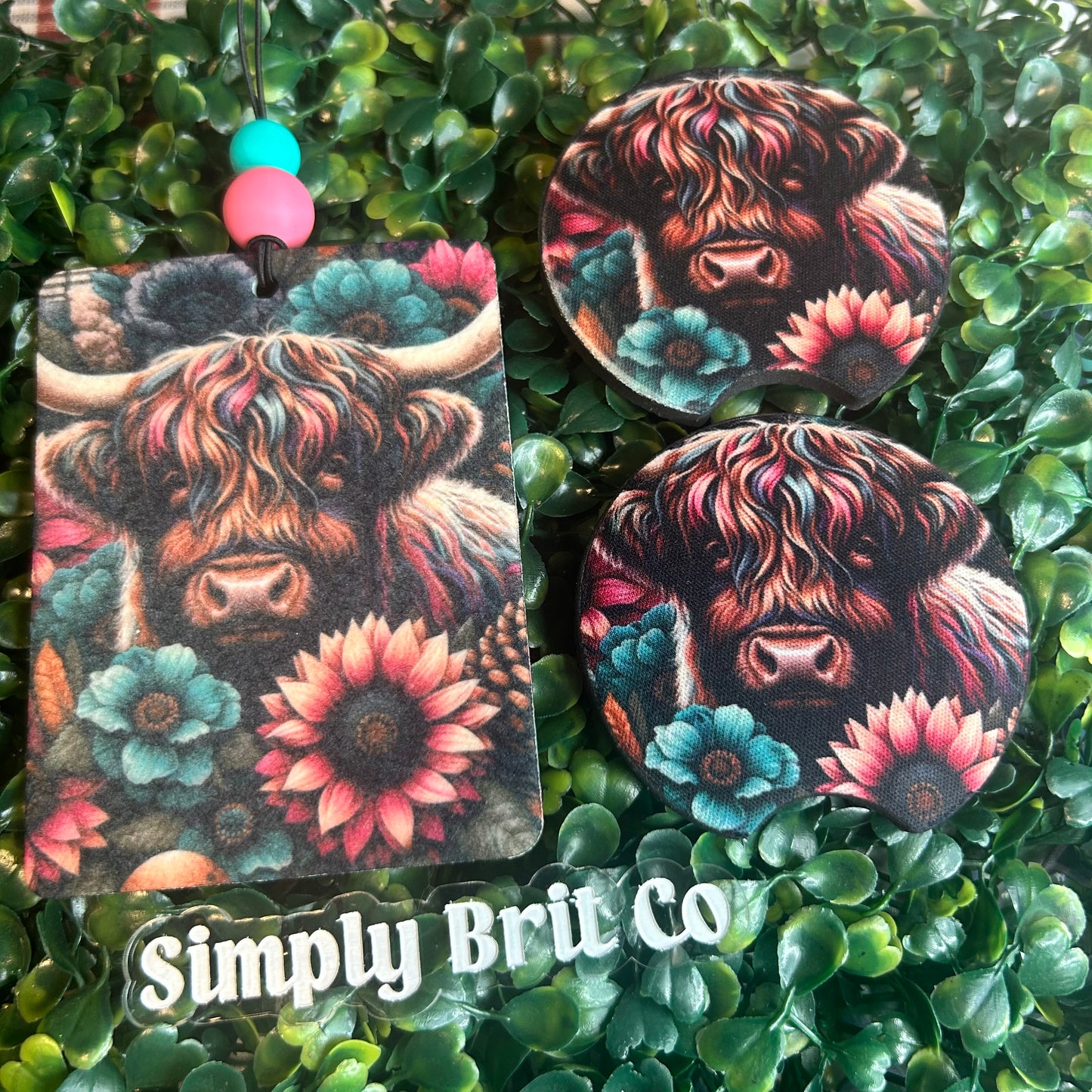 Pink and Teal Highland Cow Freshie and Car Coaster
