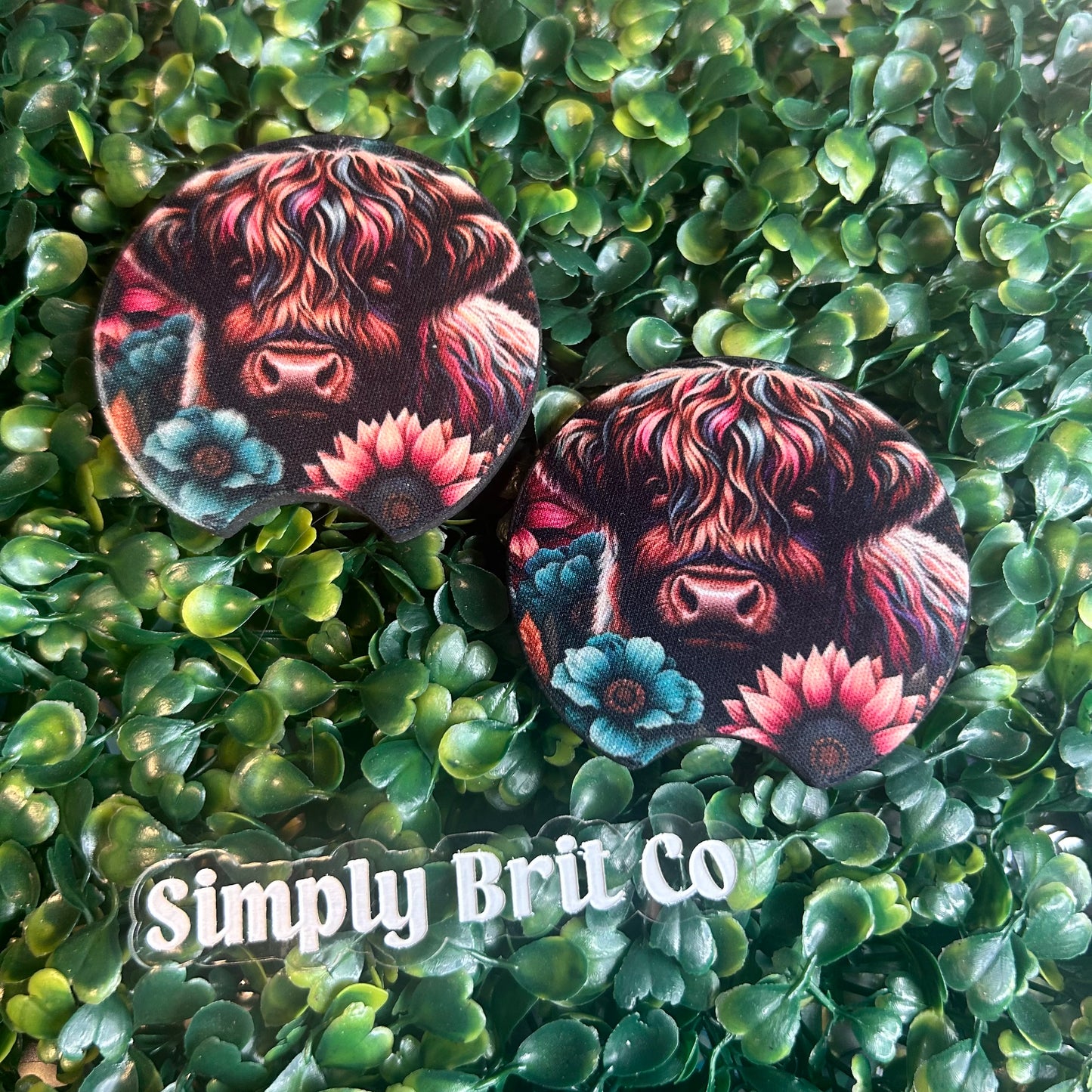 Pink and Teal Highland Cow Freshie and Car Coaster