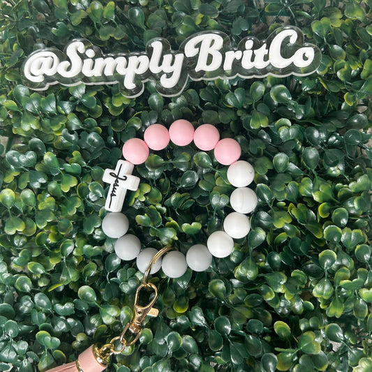 Pastel Pink Jesus  Silicone Bead Stretchy Keychain | Key Holder