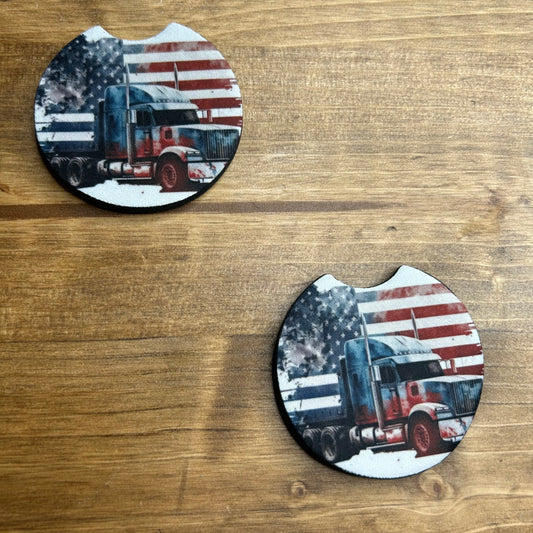 Semi Truck Flag Set of 2 Car Coaster