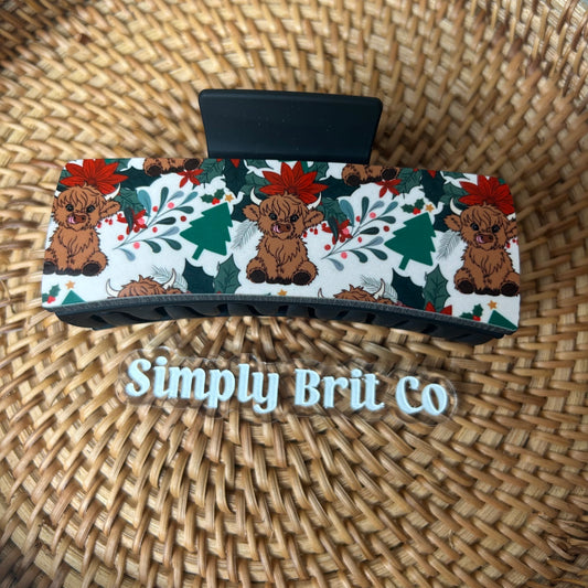Christmas Highland Cow Large Claw Clip