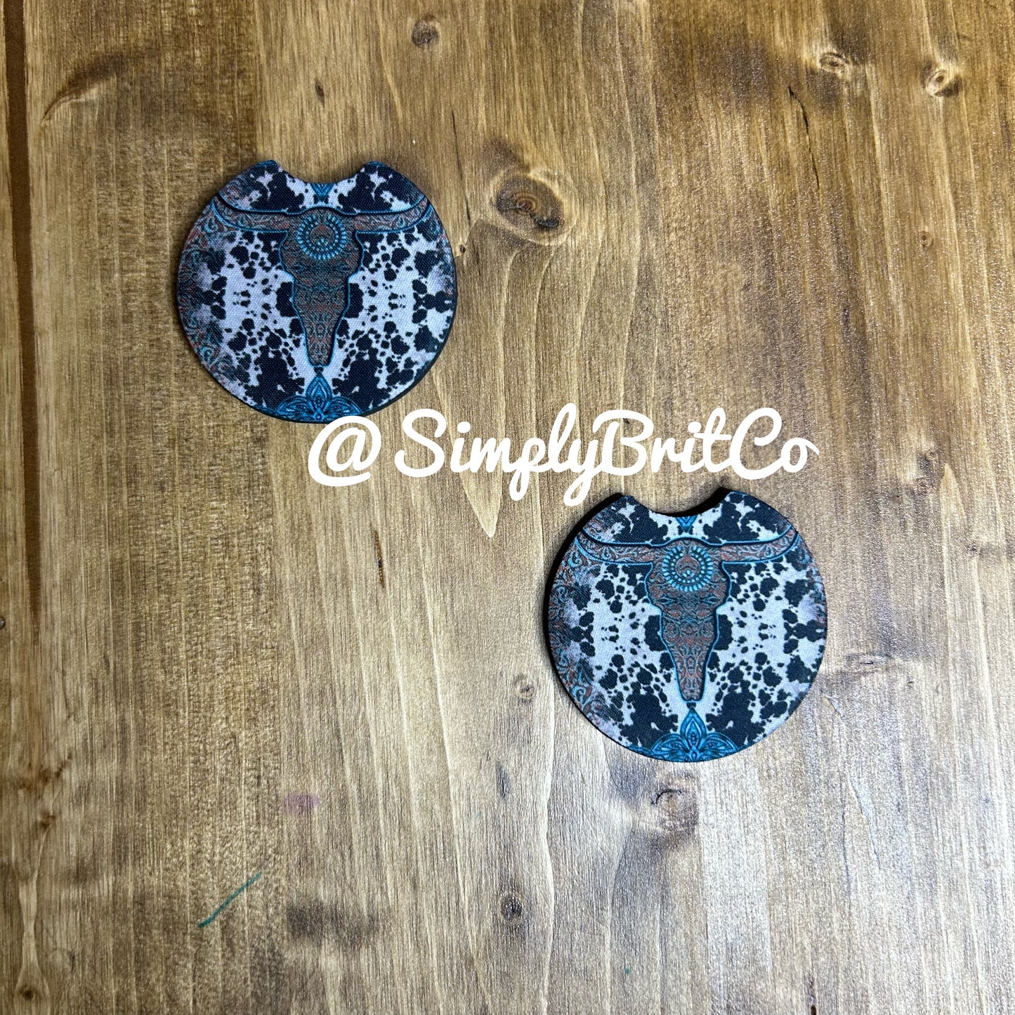 Western Teal Set of 2 Car Coaster | Cow Background