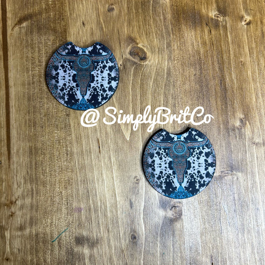 Western Teal Set of 2 Car Coaster | Cow Background
