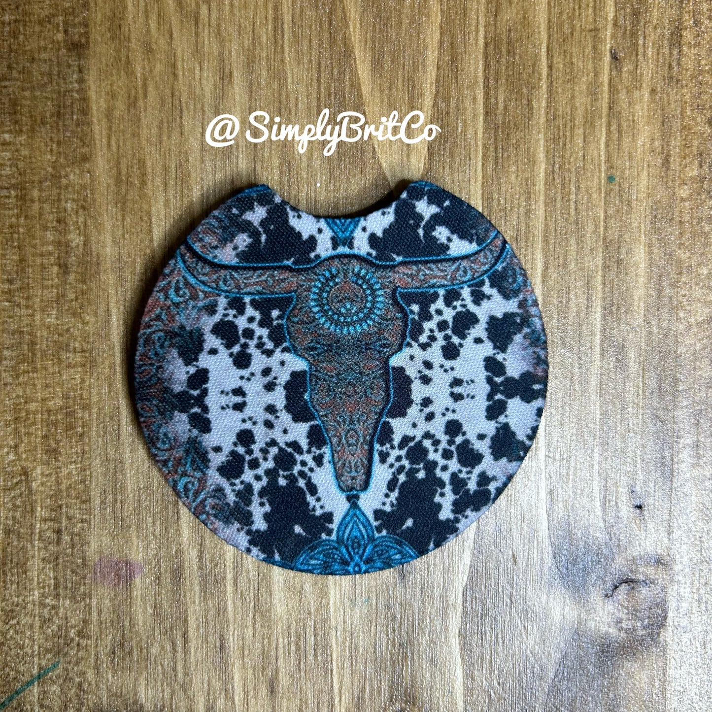 Western Teal Set of 2 Car Coaster | Cow Background