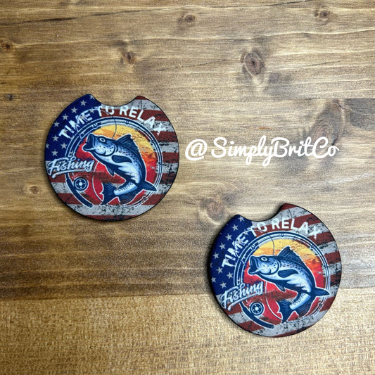 Time To Relax Fishing Set of 2 Car Coaster